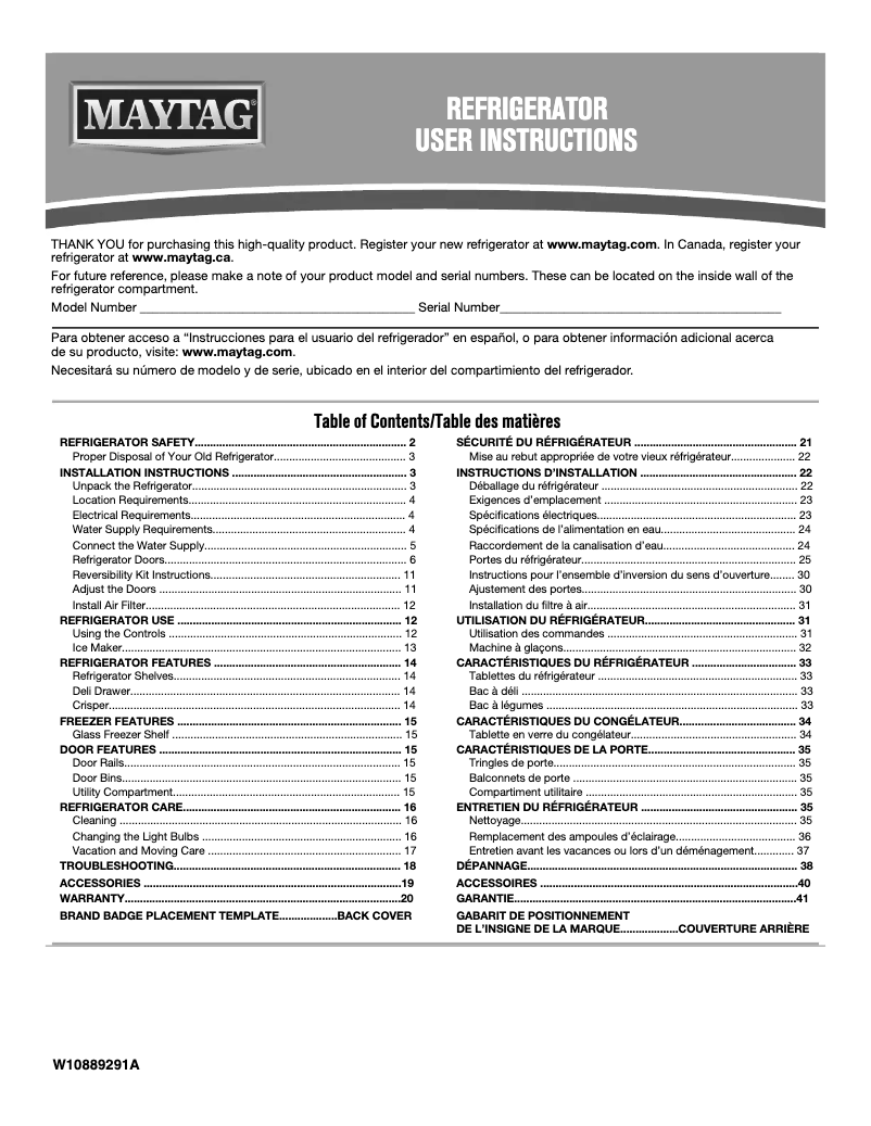 Page 1 de la notice Manuel d'utilisation et d'entretien Maytag MRT711SMF