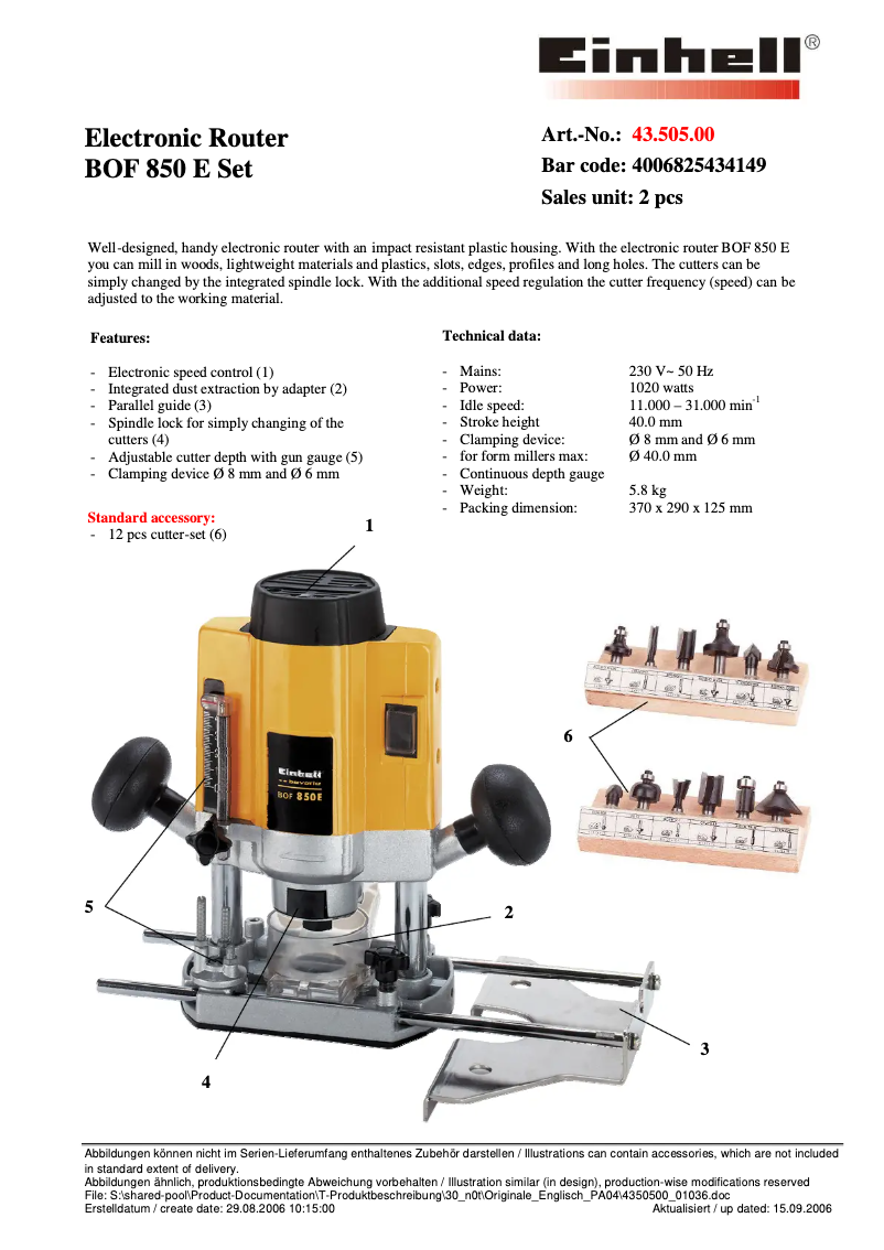 Page 1 de la notice Manuel utilisateur Bavaria by Einhell BOF 850E