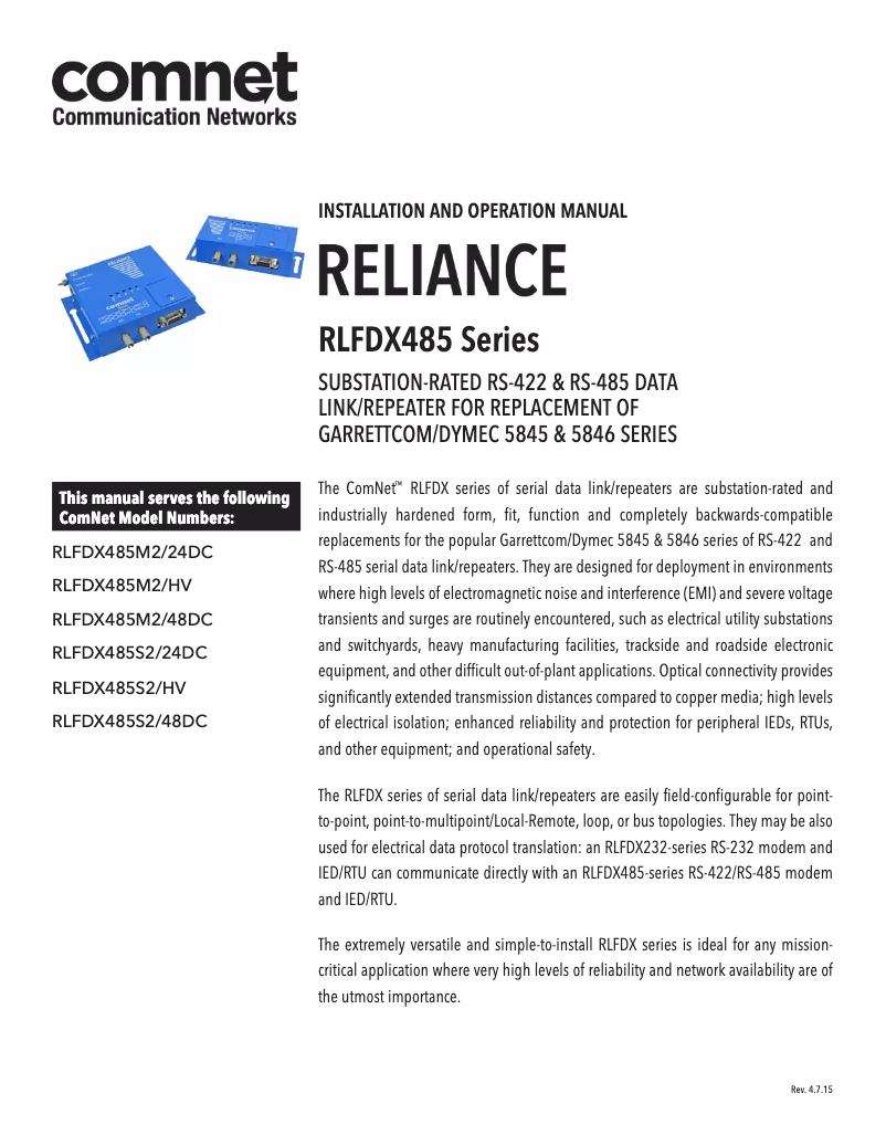 Imagen de la primera página del manual del dispositivo RLFDX485M2/HV