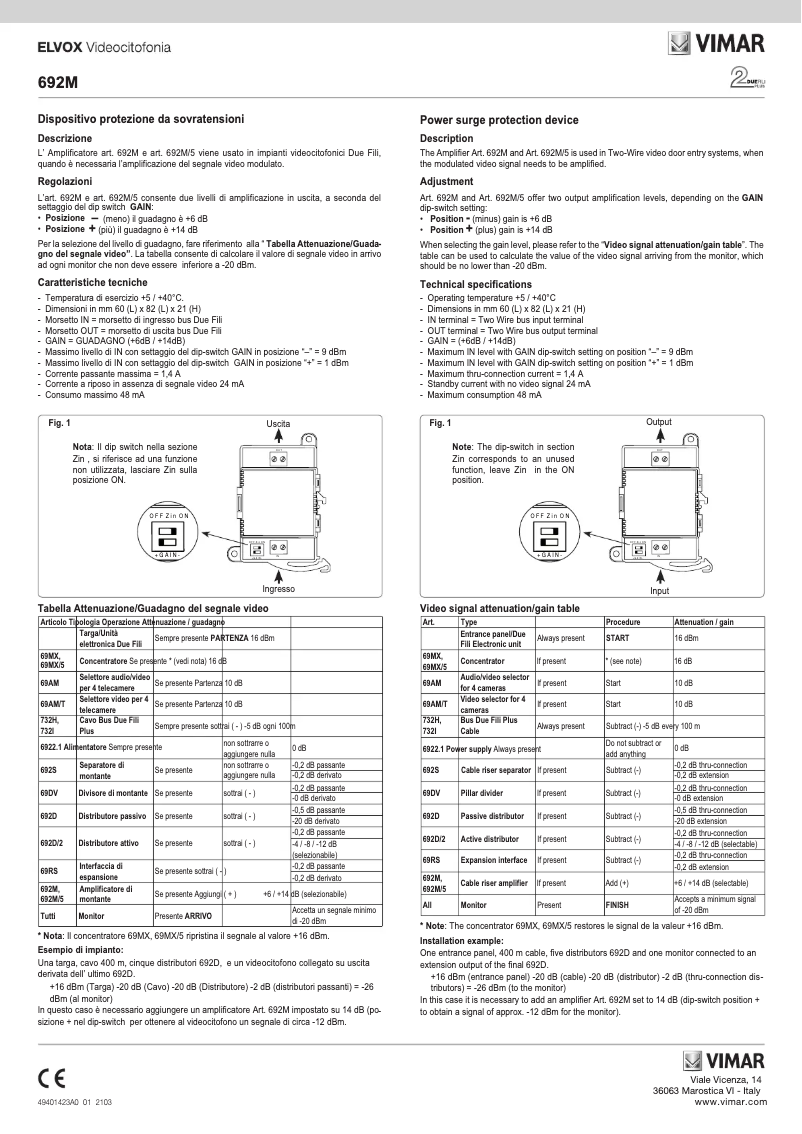 Page 1 de la notice Manuel utilisateur Vimar ELVOX 692M