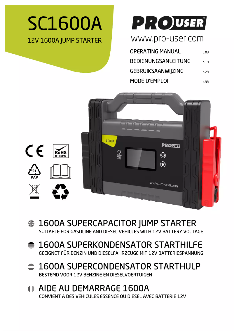 Page 1 de la notice Manuel utilisateur Pro-User SC1600A