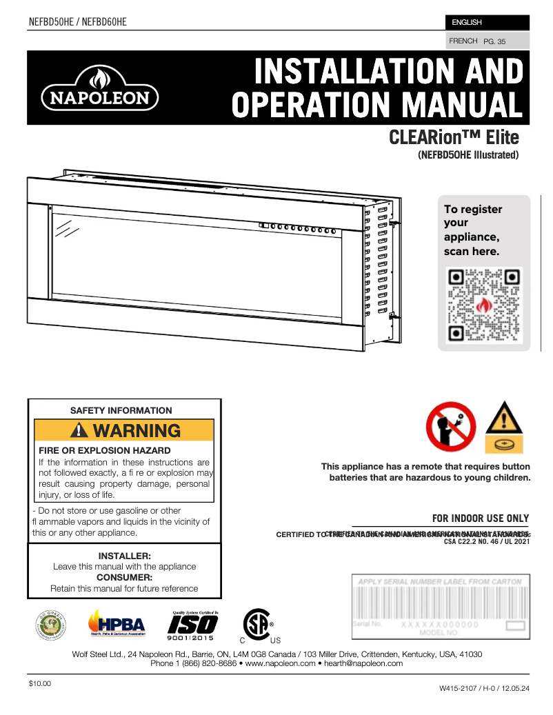 Página 1 del manual Manual de usuario Napoleon CLEARion Elite NEFBD60HE