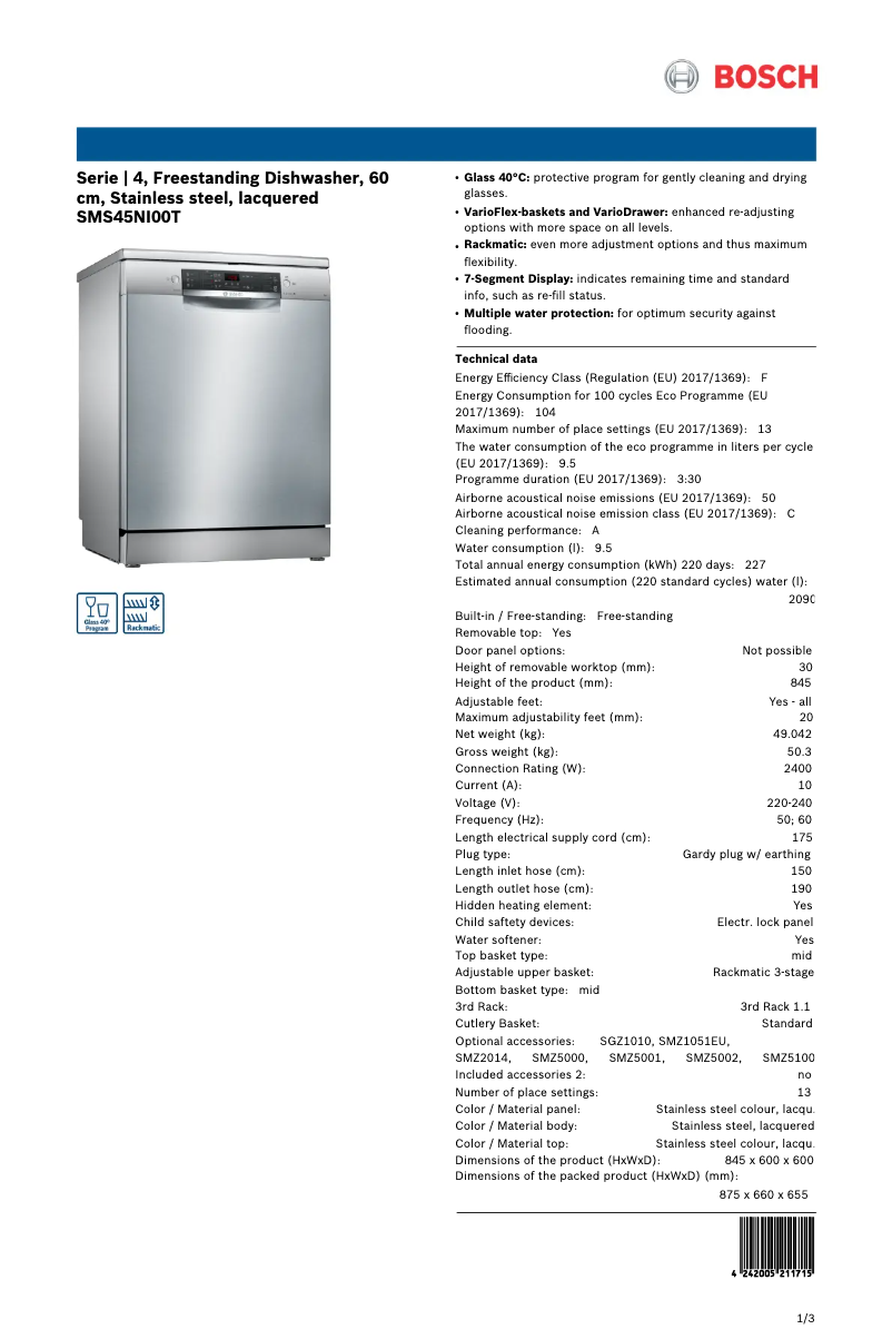 Page 1 de la notice Fiche technique Bosch SMS45NI00T
