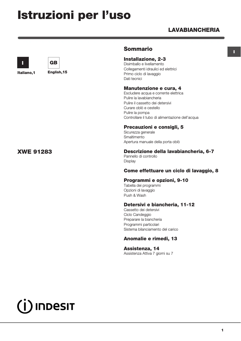 Page 1 de la notice Manuel utilisateur Indesit XWE 91283X WWGG