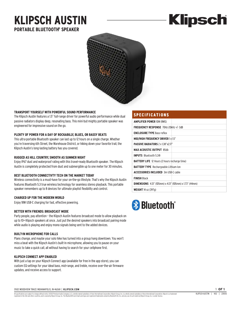 Page n°1 - Fiche technique Klipsch Austin