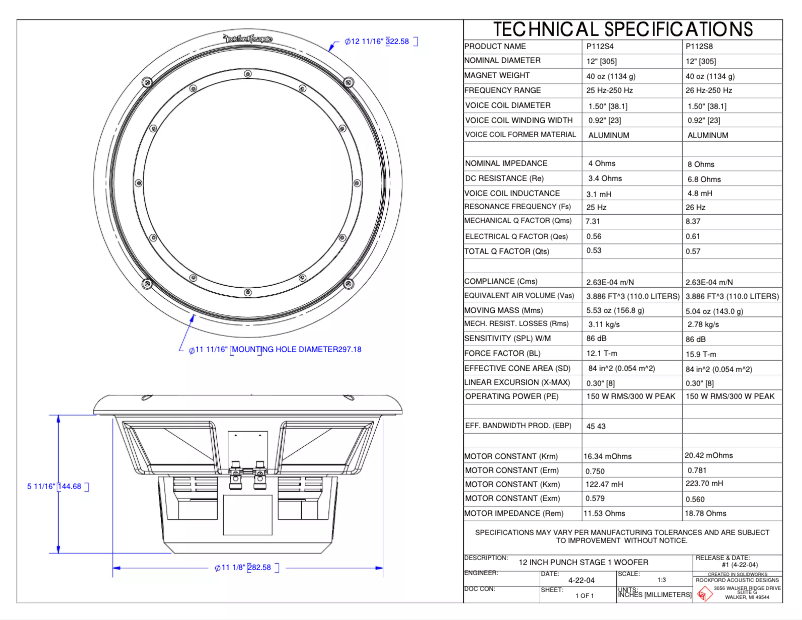 Page 1 de la notice Fiche technique Rockford Fosgate Punch P112S4
