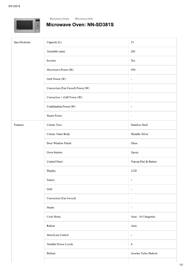Page 1 de la notice Fiche technique Panasonic NN-SD381S