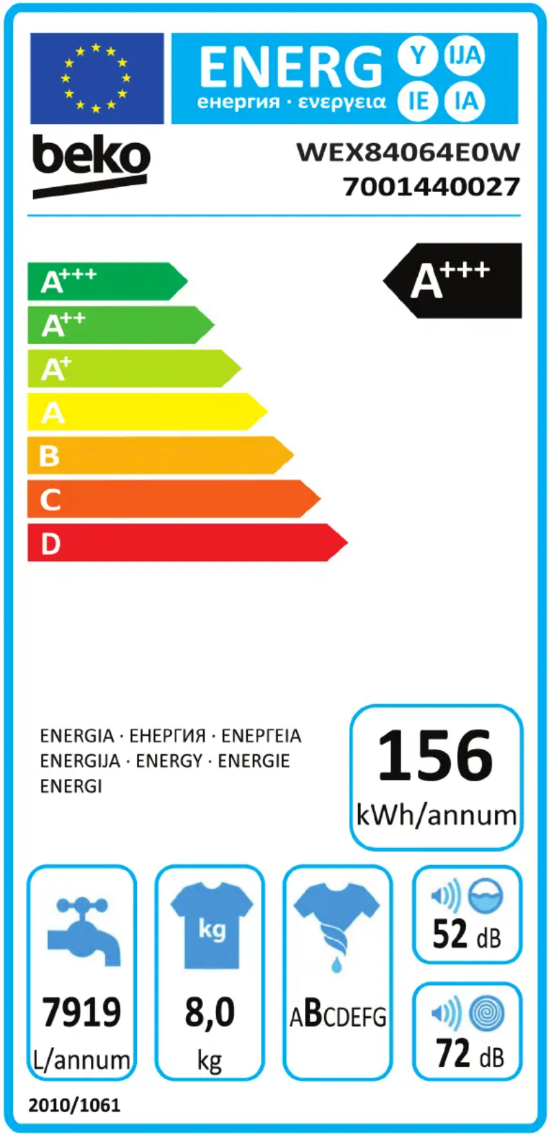 Page 1 de la notice Label énergétique Beko WEX84064E0