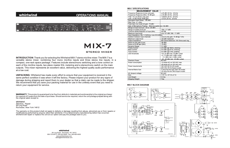 Page n°1 - Manuel utilisateur Whirlwind MIX-7