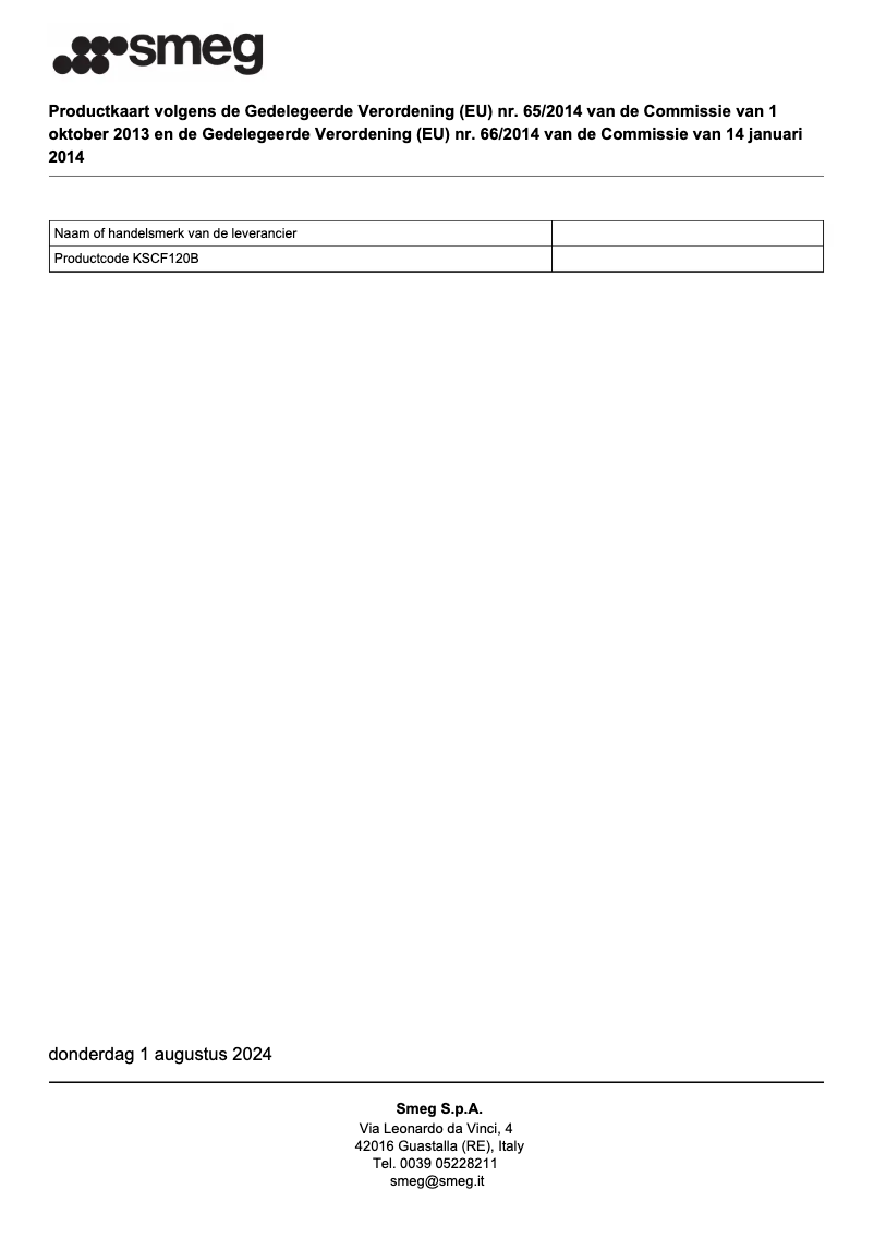 Page 1 de la notice Fiche technique Smeg KSCF120B