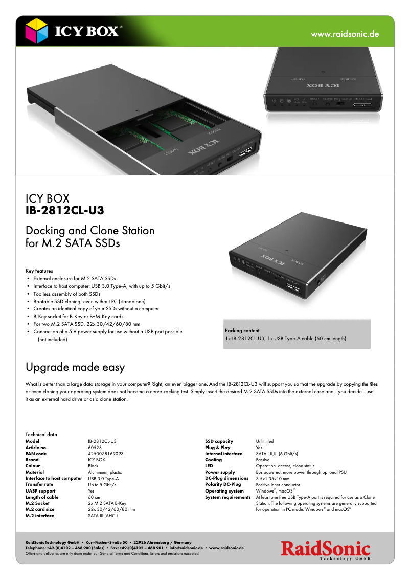 Page 1 de la notice Fiche technique Icy Box IB-2812CL-U3