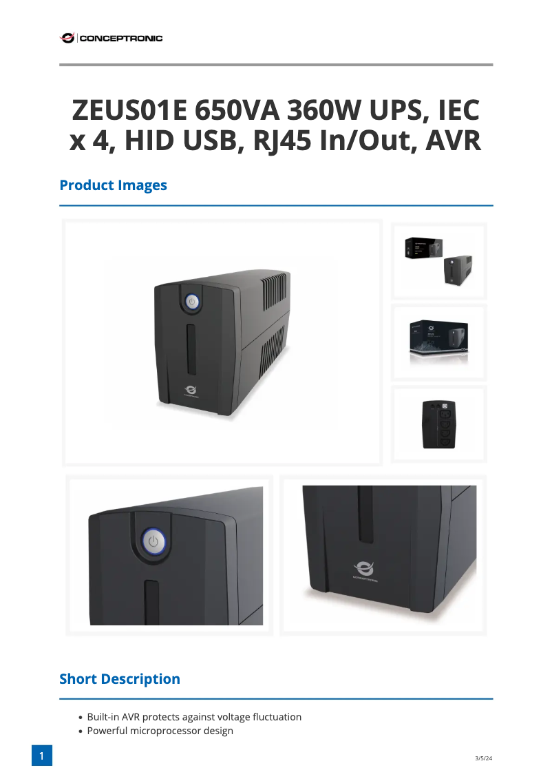 Page 1 de la notice Fiche technique Conceptronic ZEUS01E