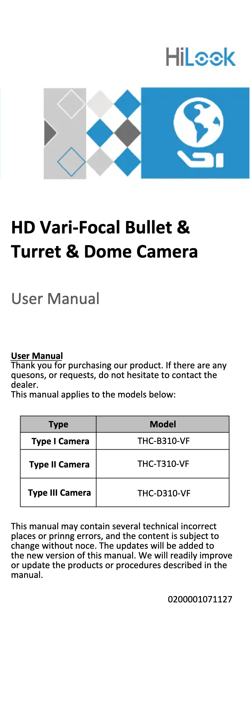 Page 1 de la notice Manuel utilisateur Hikvision THC-D310-VF