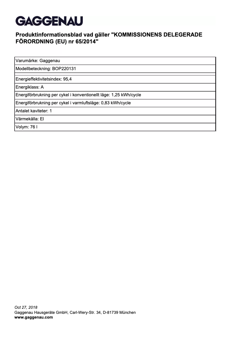 Page 1 de la notice Fiche technique Gaggenau BOP220131