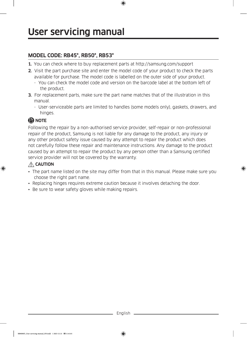 Page 1 de la notice Manuel utilisateur Samsung RB50DG6320B1