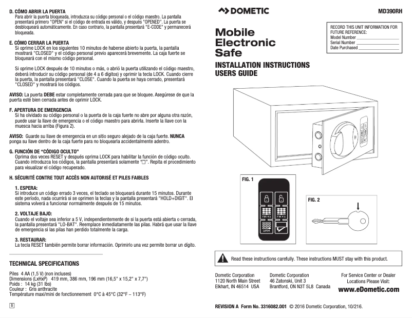 Página 1 del manual Guía de instalación Dometic ProSafe MD 390