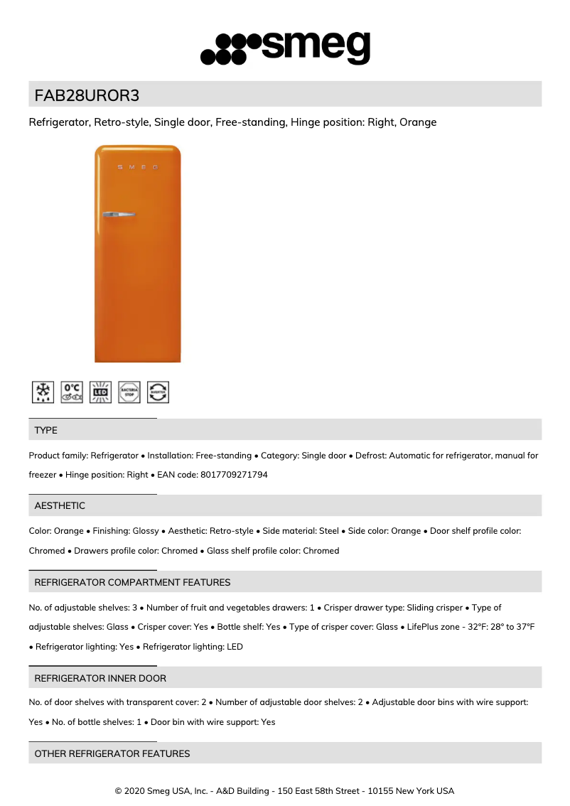 Page 1 de la notice Fiche technique Smeg FAB28UROR3