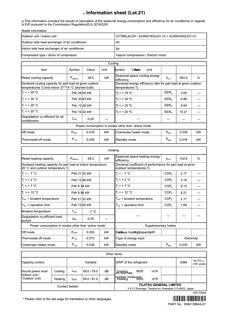 Page 1 de la notice Fiche technique Fujitsu Airstage AJH090LALDH