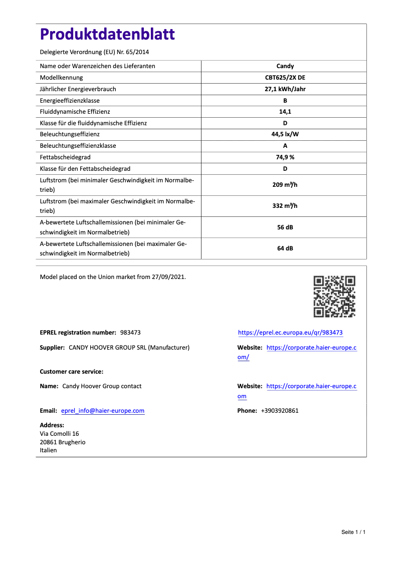 Page 1 de la notice Fiche technique Candy CBT625/2X DE
