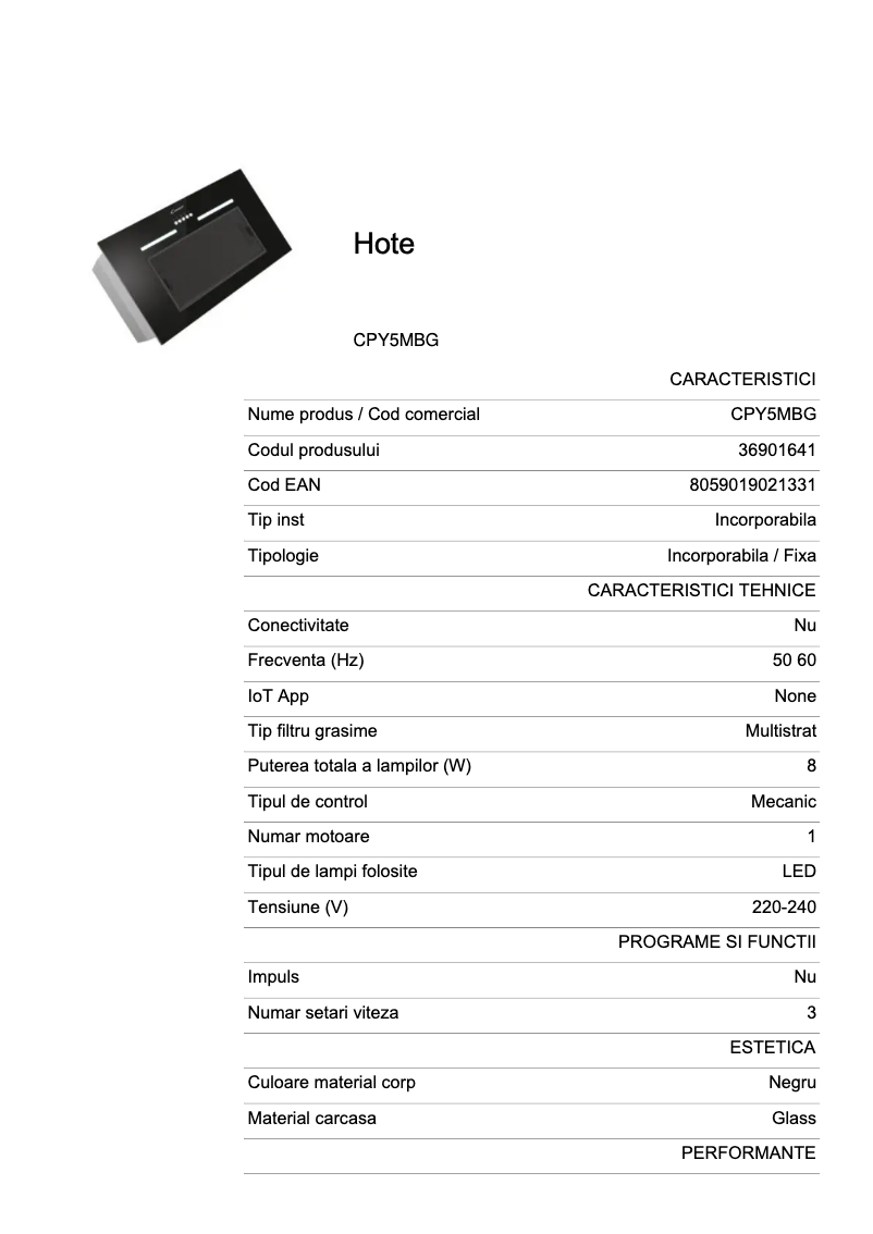 Page 1 de la notice Fiche technique Candy CPY5MBG