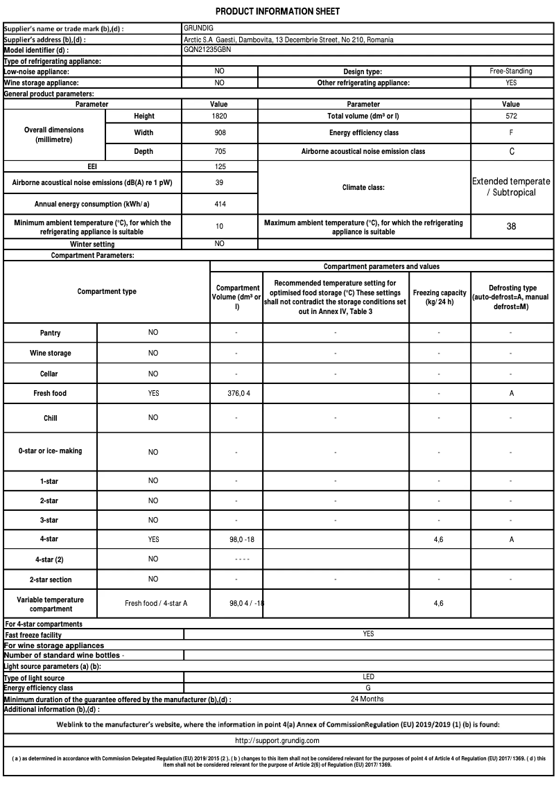 Page 1 de la notice Fiche technique Grundig GQN21235GBN