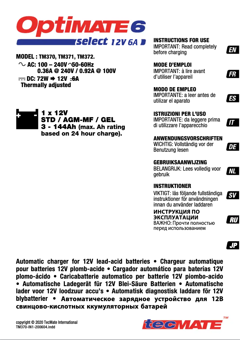 Page n°1 - Manuel utilisateur Tecmate Optimate 6 Select 12V 6A
