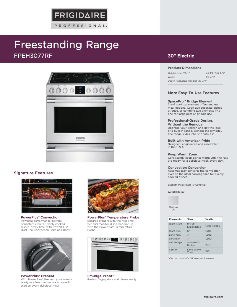 Page n°1 - Fiche technique Frigidaire FPEF3077QF