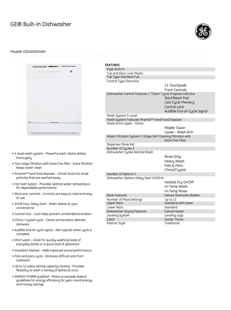 Page n°1 - Fiche technique GE GSD4000KWW