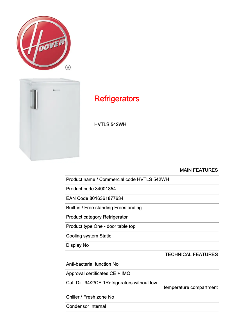Page n°1 - Manuel utilisateur Hoover HVTLS 542WH