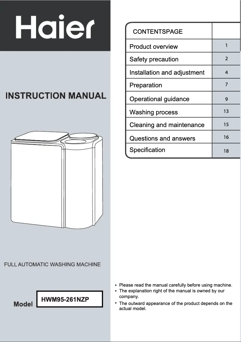 Page 1 de la notice Manuel utilisateur Haier HWM95-261NZP