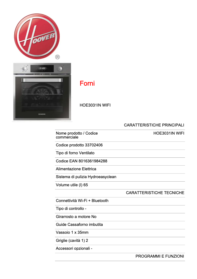 Page 1 de la notice Fiche technique Hoover HOE3031IN WIFI