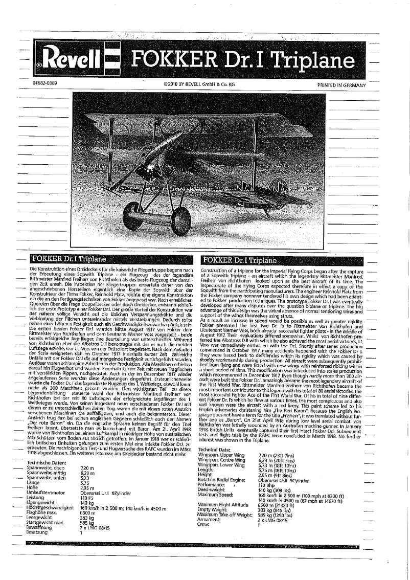 Image de la première page du manuel de l'appareil Fokker Dr.I Triplane