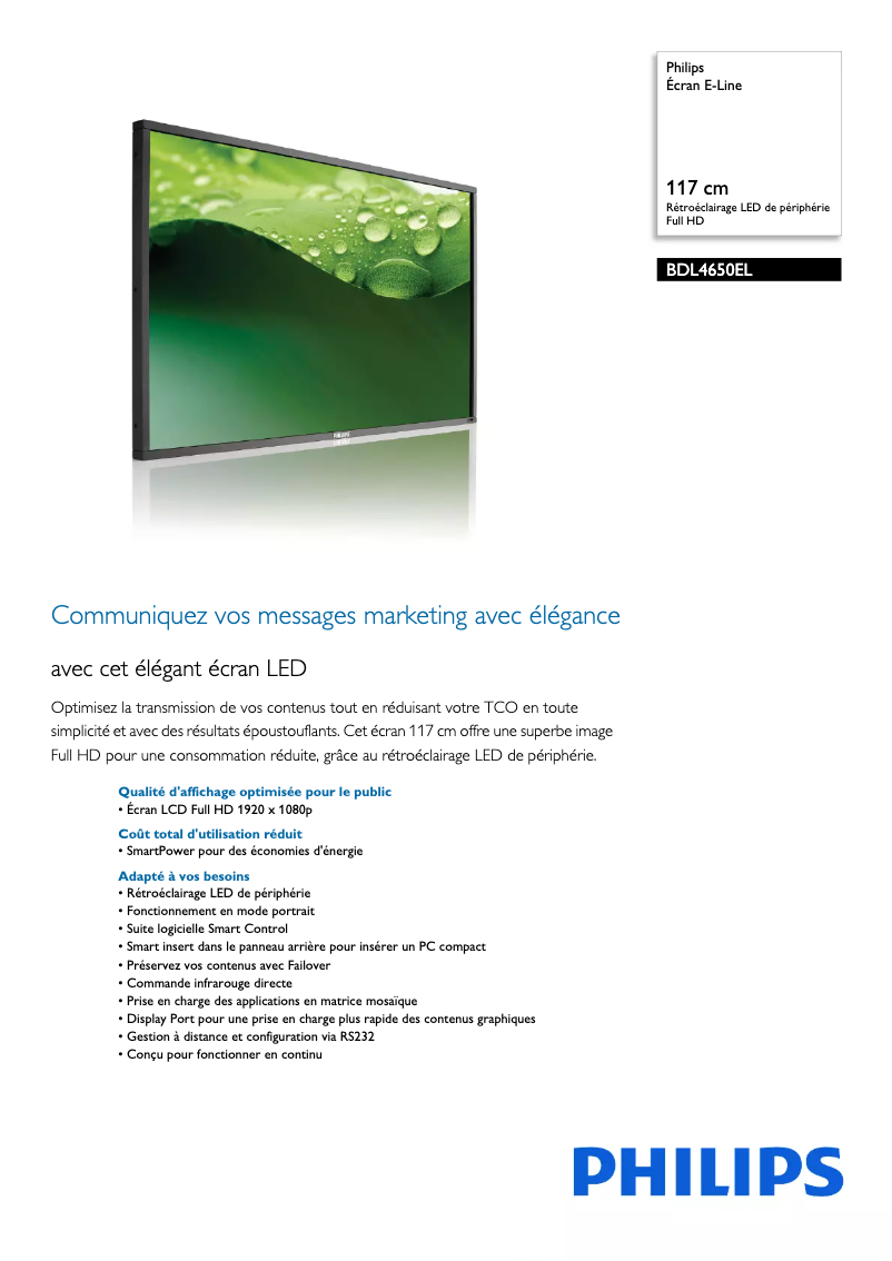 Page 1 de la notice Fiche technique Philips BDL4650EL