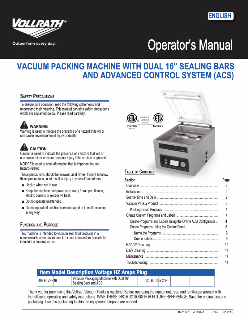 First page image of the manual for VPP16