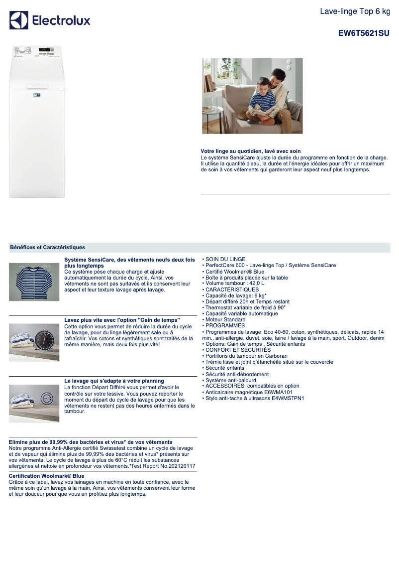 Page 1 de la notice Fiche technique Electrolux EW6T5621SU