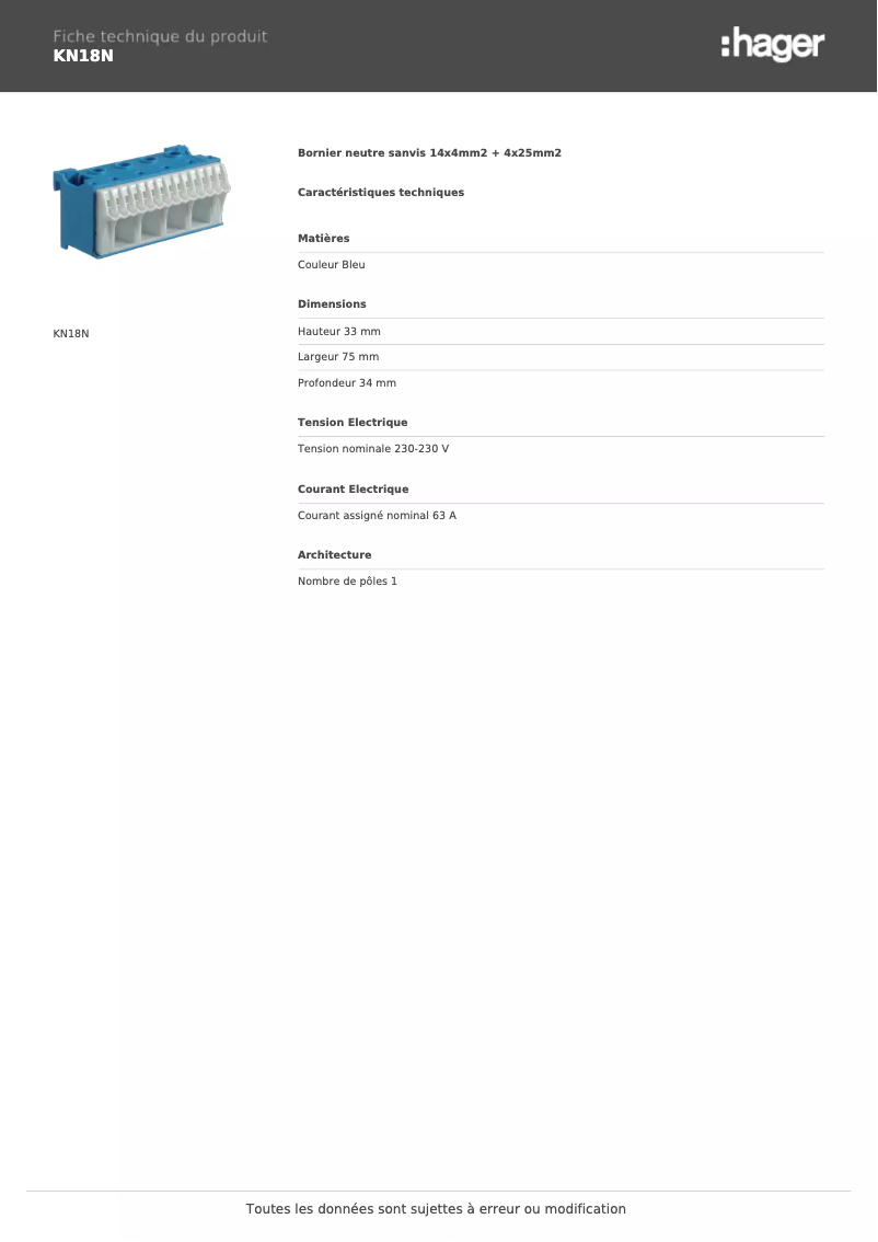 Page 1 de la notice Fiche technique Hager KN18N
