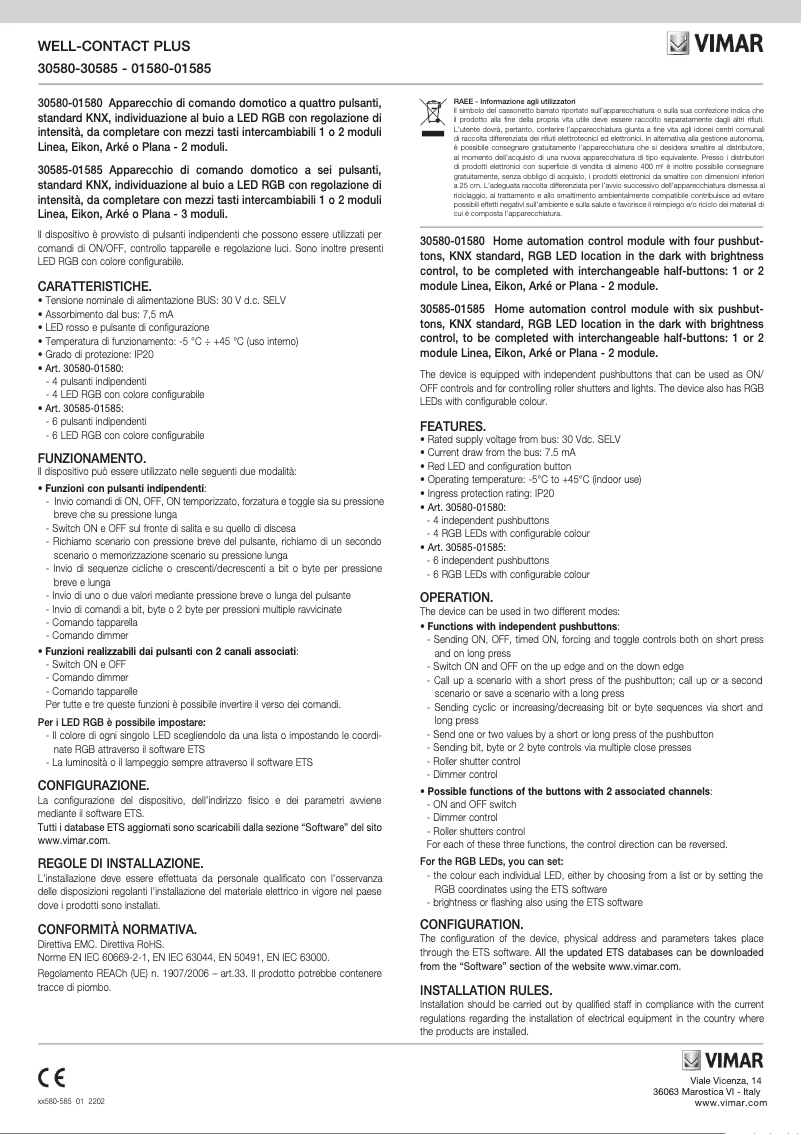 Page 1 de la notice Instructions / montage Vimar 30585