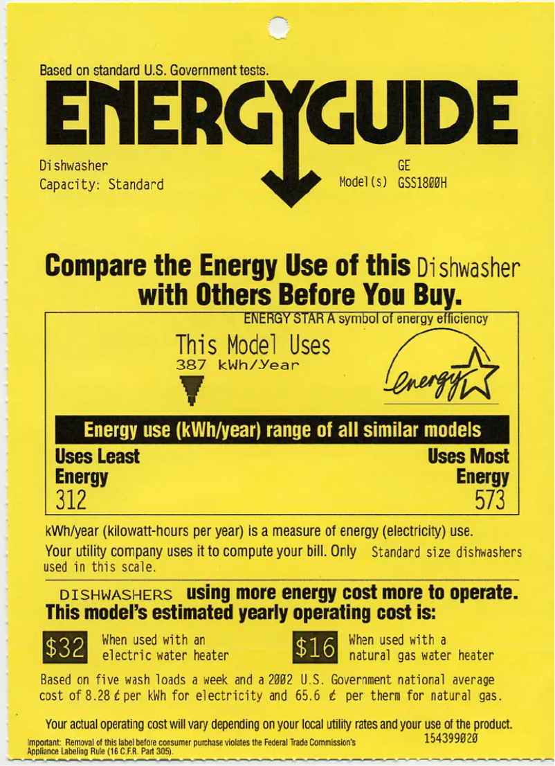 Page 1 de la notice Label énergétique GE GSS1800HBB