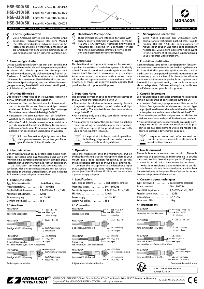 Page 1 de la notice Manuel utilisateur Monacor HSE-340/SK