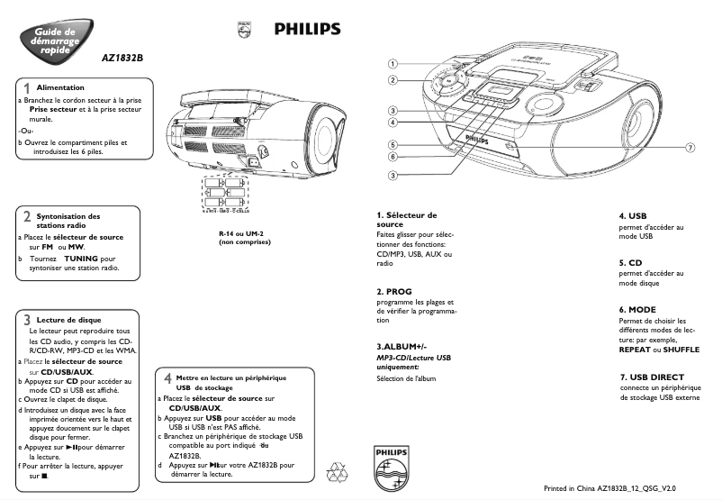 Page n°1 - Guide de démarrage rapide Philips AZ1832B