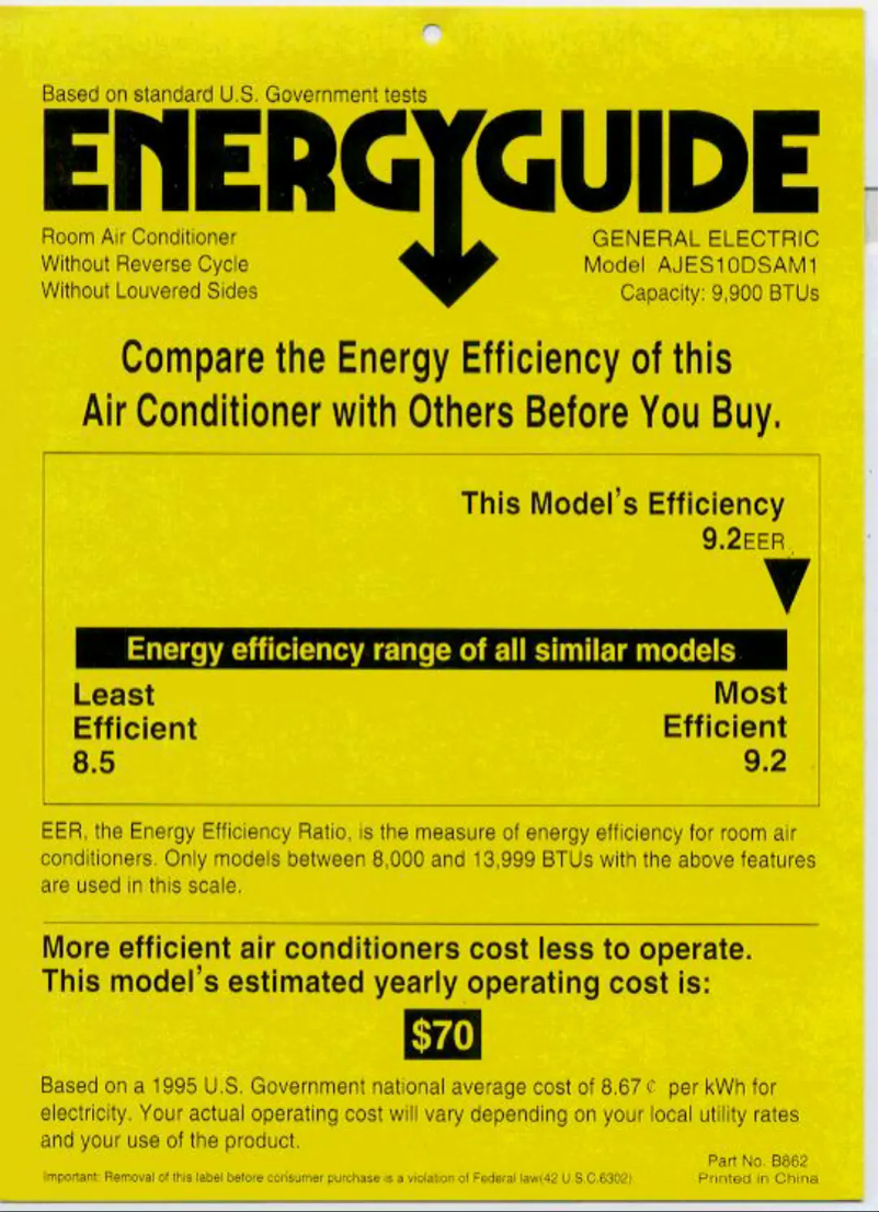 Page 1 de la notice Label énergétique GE AJES10DS