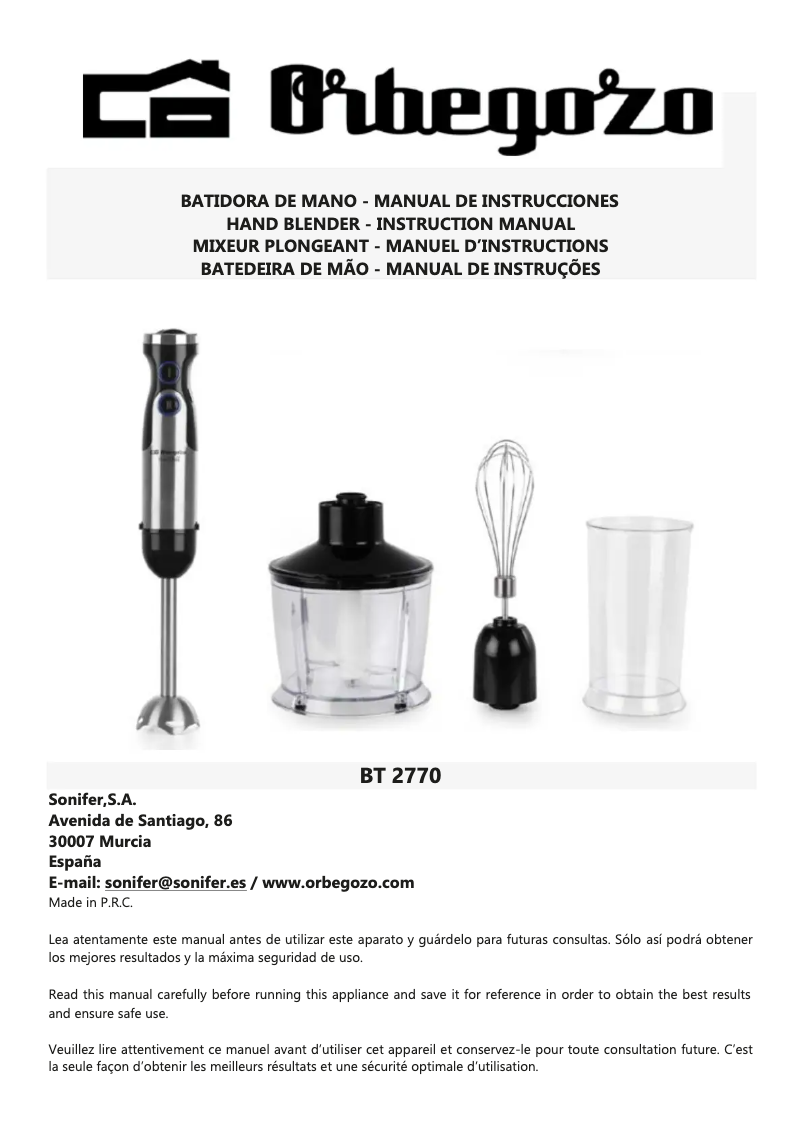 Page 1 de la notice Manuel utilisateur Orbegozo BT 2770