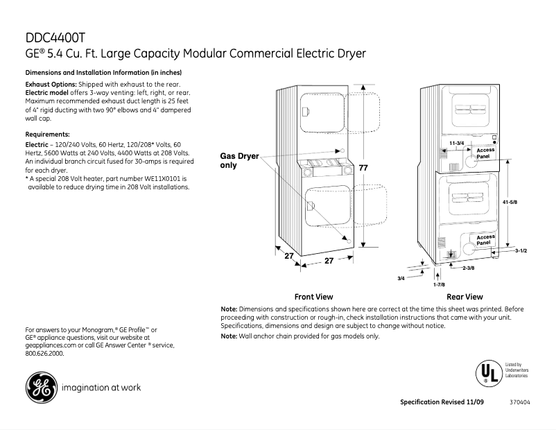 Página 1 del manual Ficha técnica GE DDC4400TWH