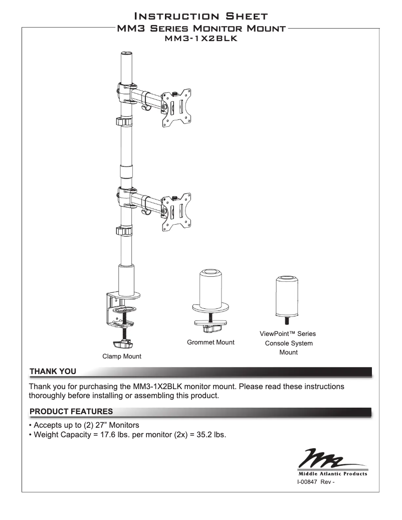 Page 1 de la notice Manuel utilisateur Middle Atlantic MM3-2X1BLK