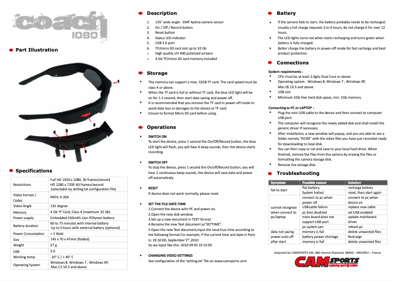 Page 1 de la notice Manuel utilisateur CAMSPORTS COACH HD 1080