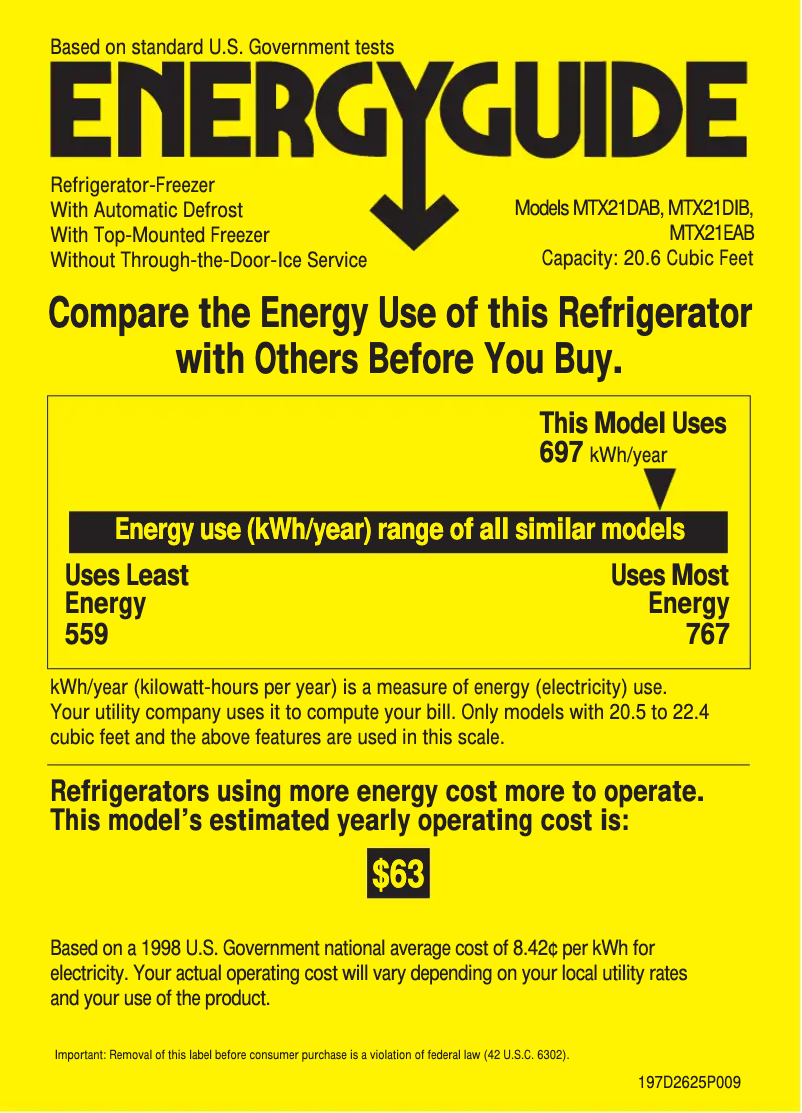 Page 1 of the manual Energy Label RCA MTX21DABWW