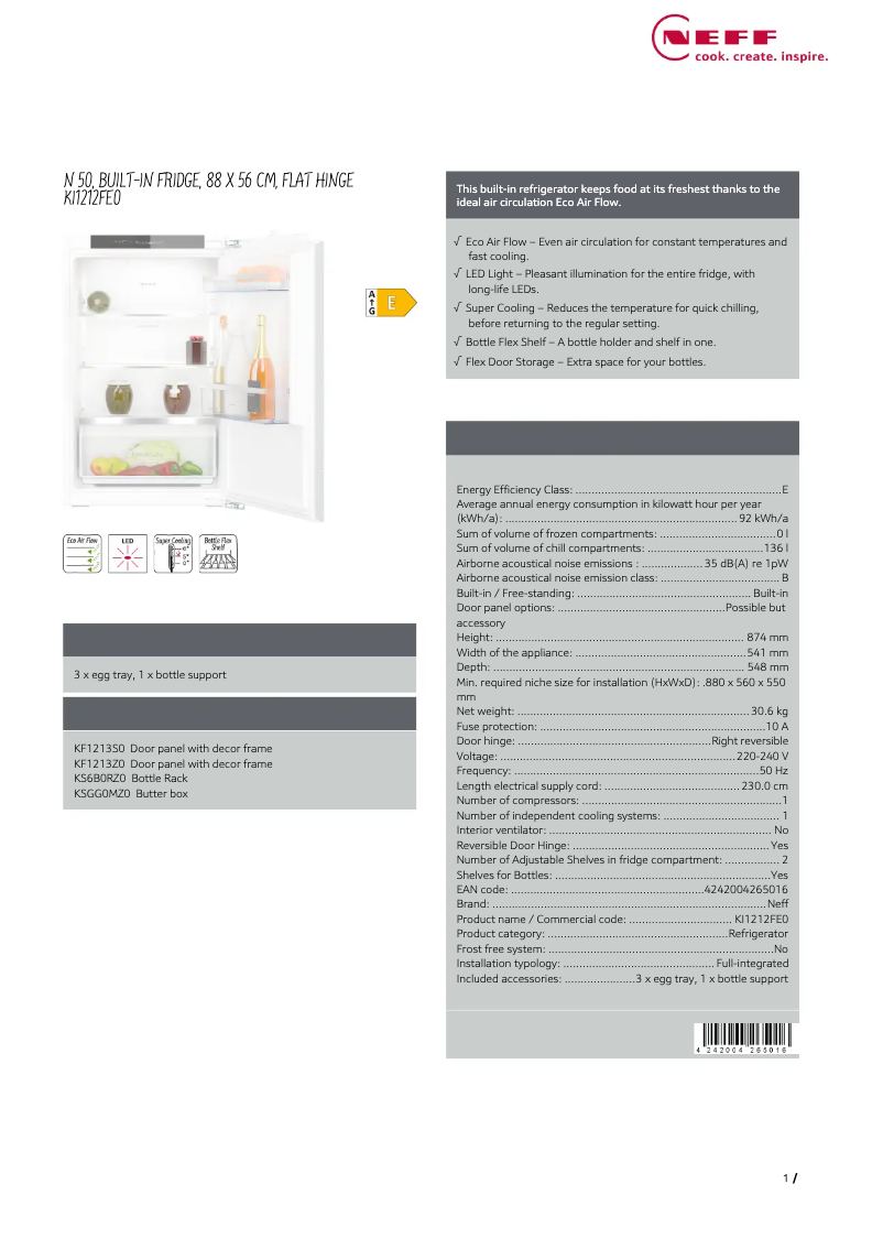 Page 1 de la notice Fiche technique Neff KI1212FE0