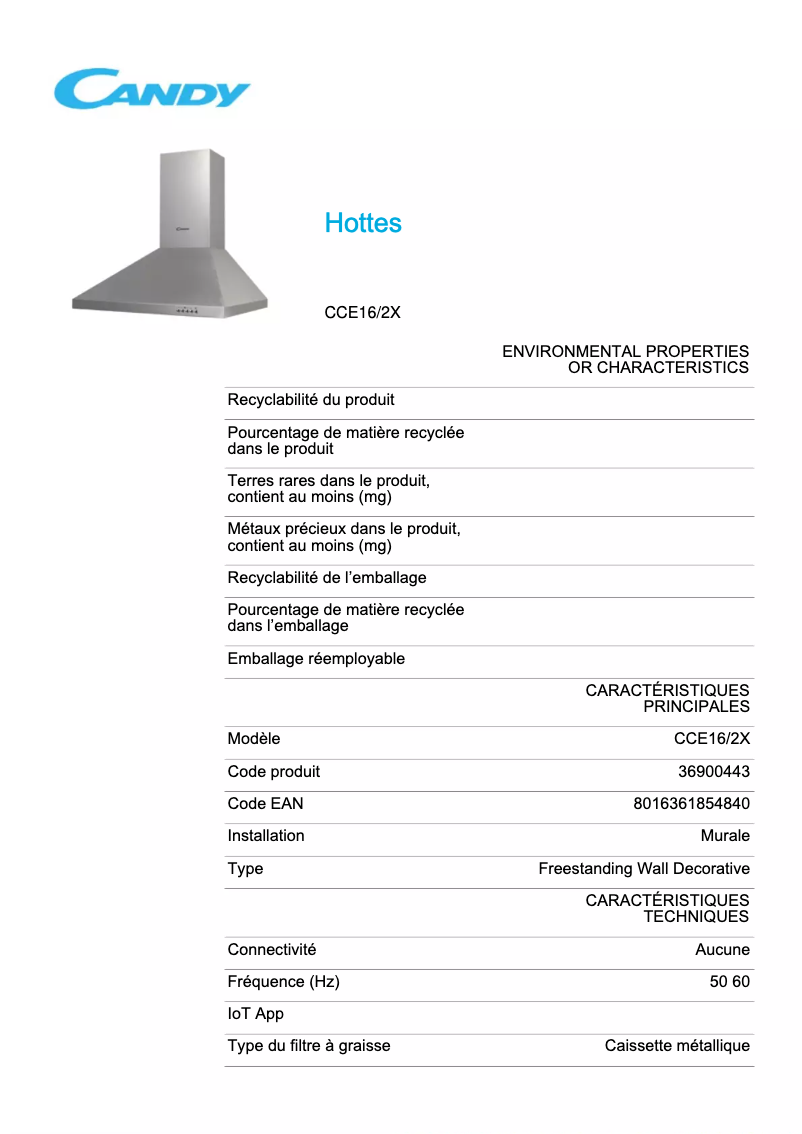 Page 1 de la notice Fiche technique Candy CCE16/2X