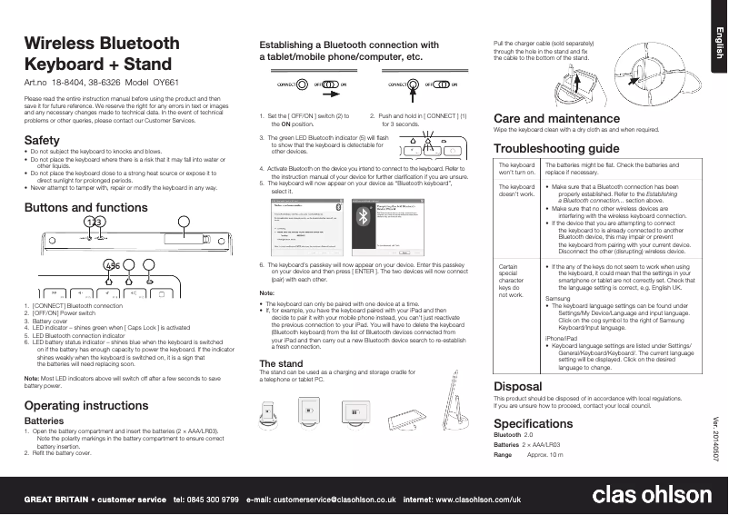 Page 1 de la notice Manuel utilisateur Clas Ohlson OY661