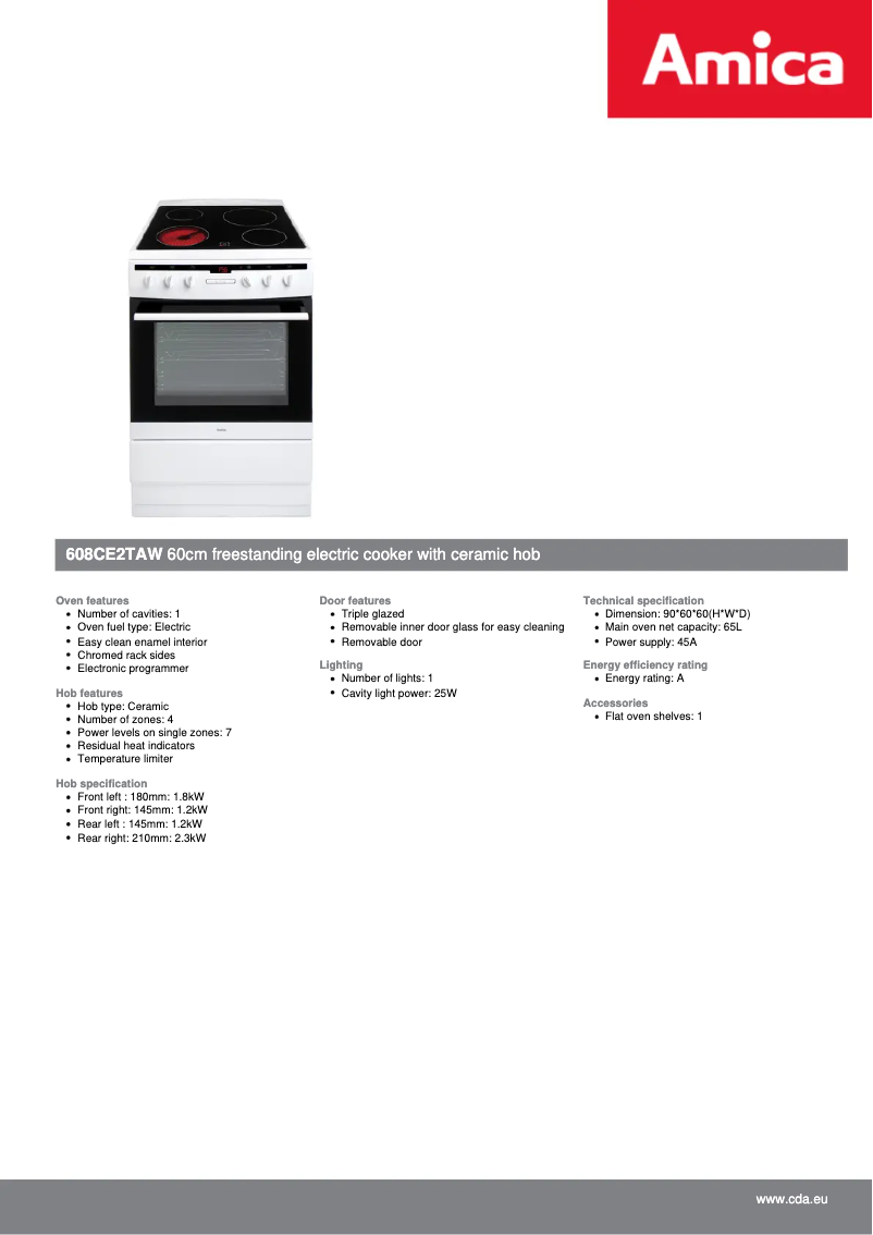 Page 1 de la notice Fiche technique Amica 608CE2Ta(W)